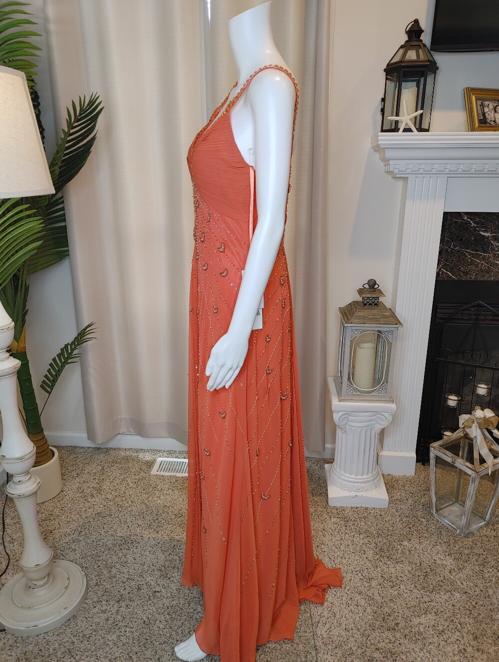 VINTAGE SUE WONG SILK BEADED FORMAL DRESS, CORAL 10 - Picture 11 of 16